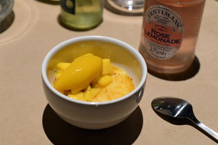 Crema catalana von der Schafsmilch mit Mango-Sorbet im Freistoff