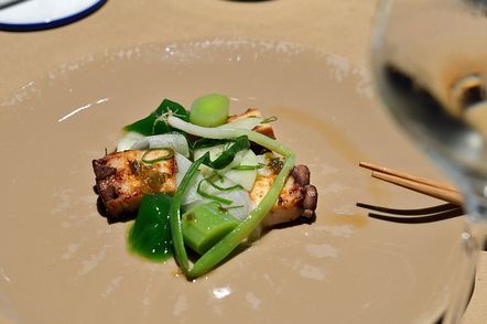 Pulpo mit Frühlingslauch, grüner Papaya und Khufu-Vinaigrette im Freistoff